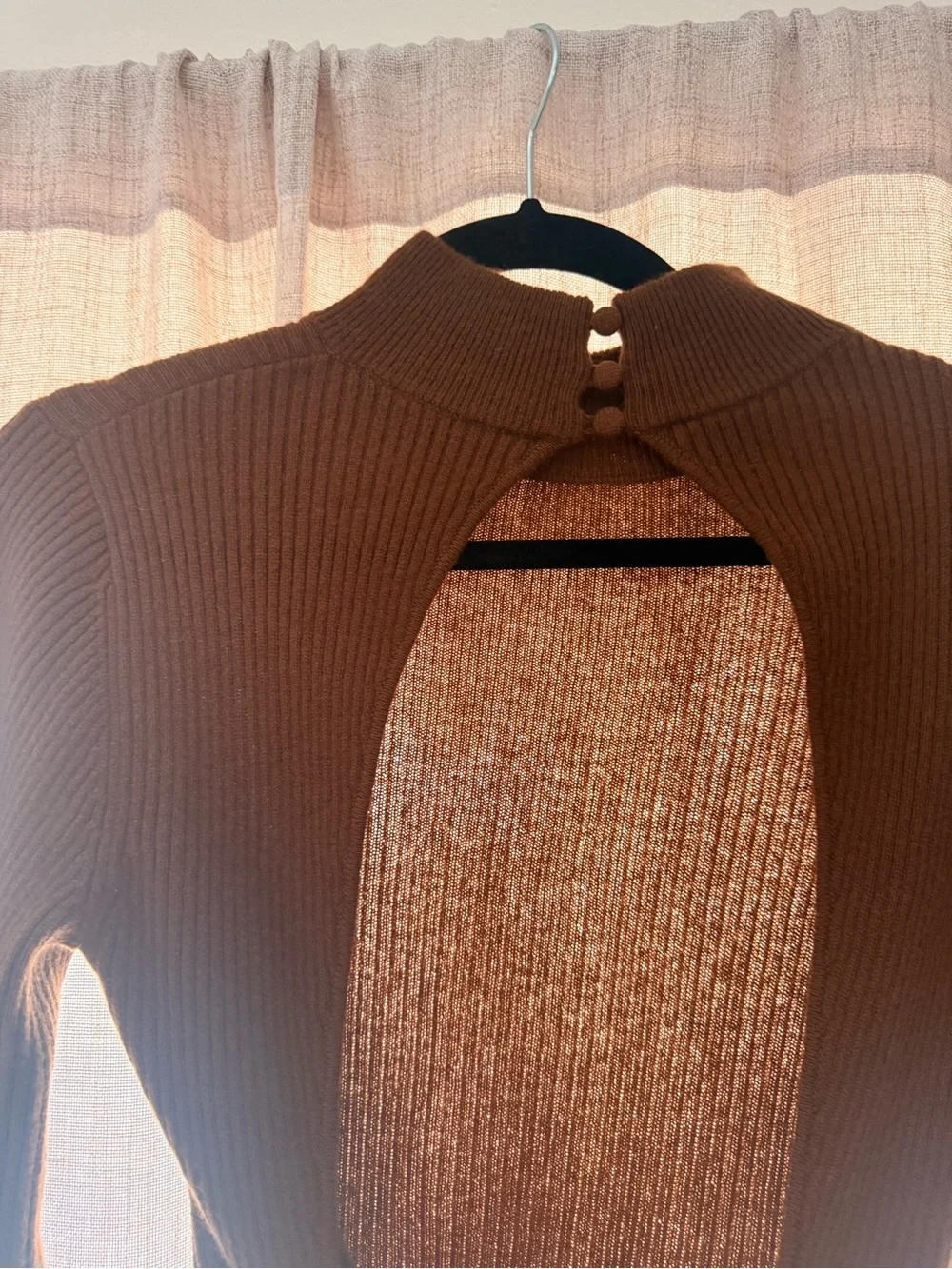 Reformation Brown Ribbed Tie-Back Mock Neck Sweater